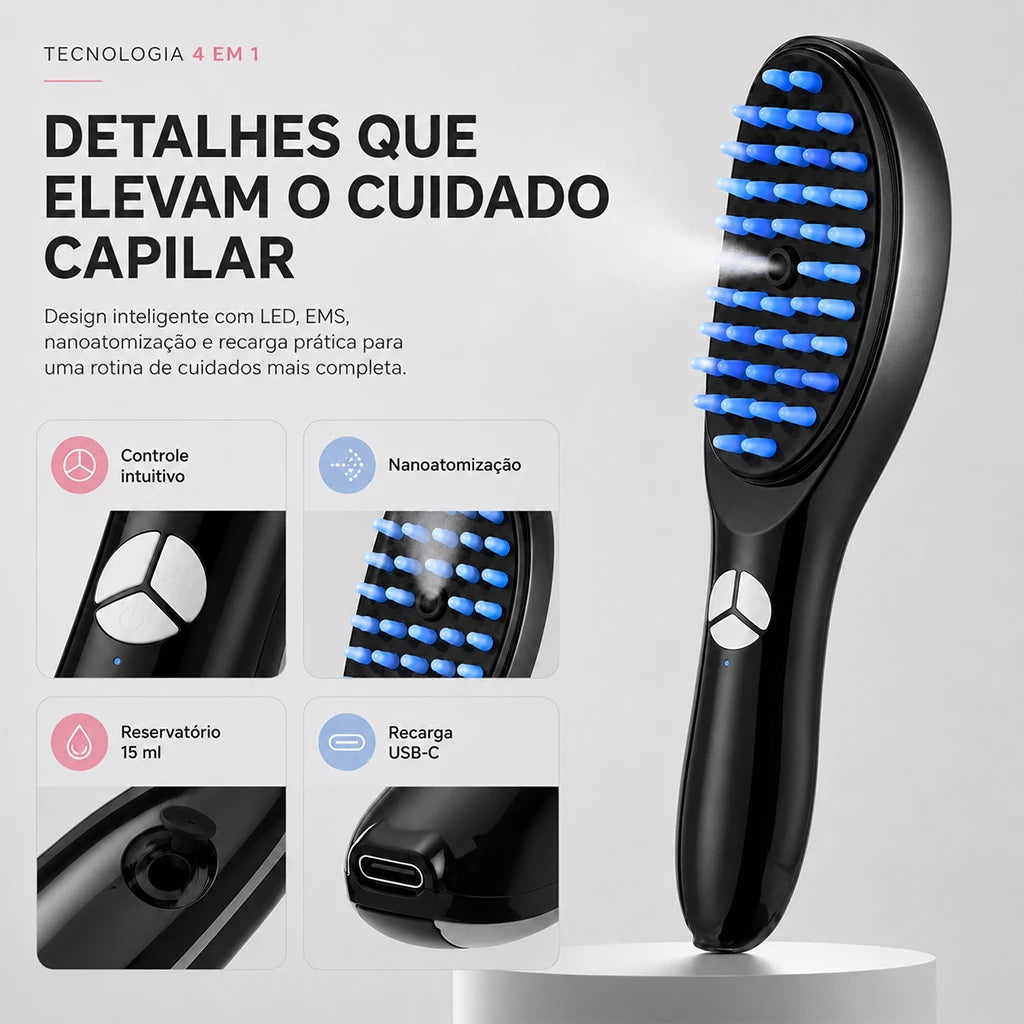HALO™ Escova Capilar LED 4 em 1 com Massagem e Nanoatomização